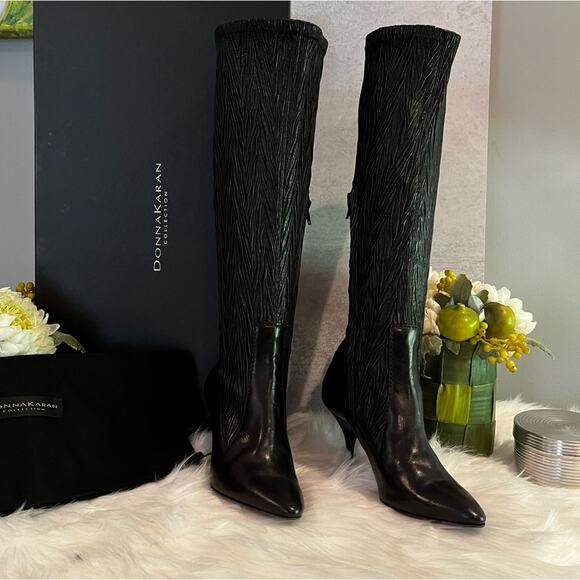 NEW Donna Karan Collection Waxed Calf Leather Laser Ribbed Boot Black Sz 36/6 … - Picture 4 of 16